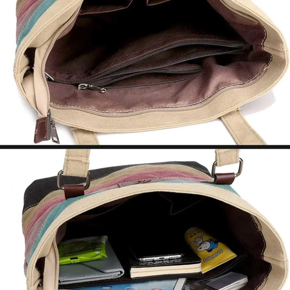 Canvas Handbag Multi-Color Striped Lattice Cross Body Shoulder Purse Bag Tote-Ha - Picture 4 of 6